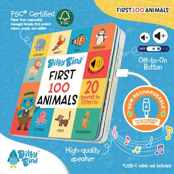 Ditty Bird Sound Book First 100 Animals USB-C Rechargeable