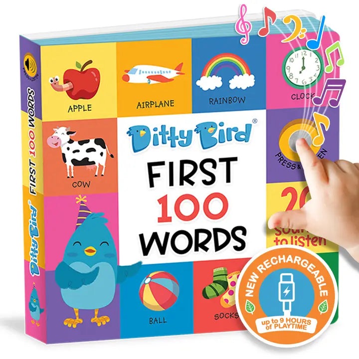 Ditty Bird First 100 Words USB-C rechargeable sound book; a child taps the side panel to hear words.