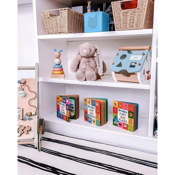 Ditty Bird Sound Book First 100 Words USB-C Rechargeable educational toy, shown on a shelf with plush bunny and toy blocks.