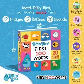 Ditty Bird Sound Book First 100 Words USB-C Rechargeable box shown with 12 image panels, 12 buttons and 20 sounds.