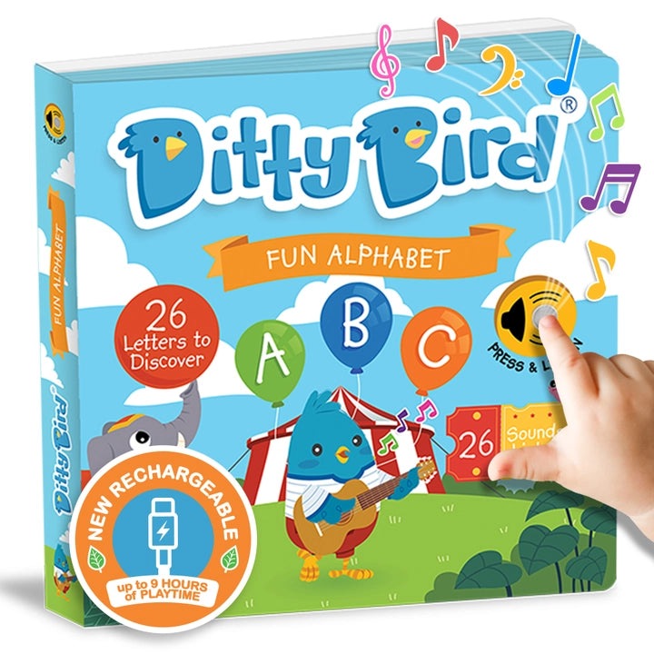 Ditty Bird Sound Book Fun Alphabet USB-C Rechargeable box featuring a blue bird, ABC balloons, and a hand pressing a button.