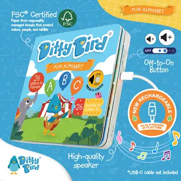 Ditty Bird Sound Book Fun Alphabet USB-C Rechargeable; USB-C charger connected as the bright blue book teaches ABCs with musical speaker.