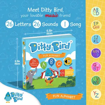 Ditty Bird Sound Book Fun Alphabet USB-C Rechargeable, a colorful educational toy box with A–Z letters on vibrant packaging