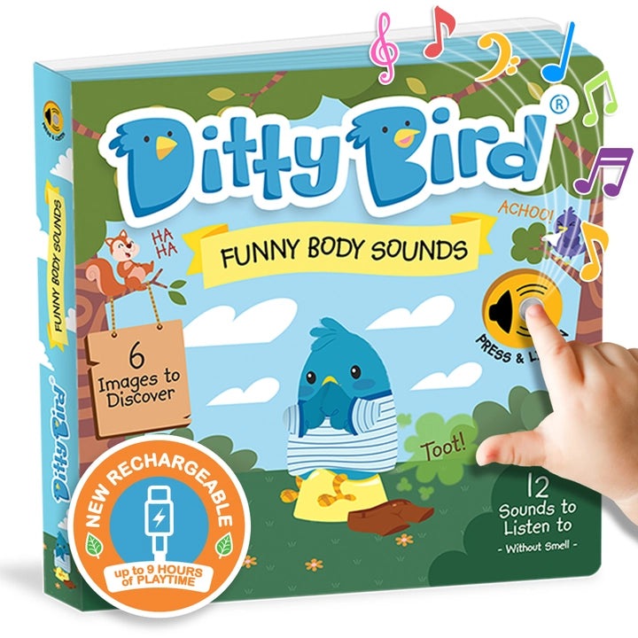 Ditty Bird Funny Body Sounds USB-C Rechargeable toy; hand presses the sound button to hear 12 sounds.