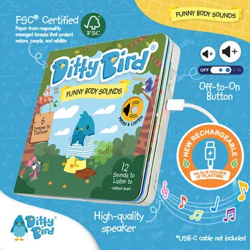 Ditty Bird Sound Book Funny Body Sounds USB-C Rechargeable, a colorful educational toy with USB-C charging plugged in.