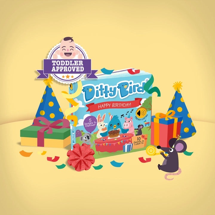 Ditty Bird Sound Book Happy Birthday USB-C Rechargeable, festive party scene with the book open and a mouse listening to sounds