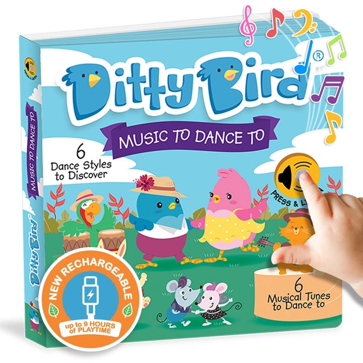 Ditty Bird Sound Book Music to Dance To USB-C Rechargeable; a hand presses the button to play music.