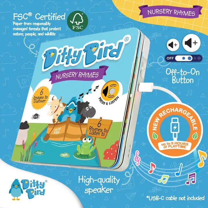 Ditty Bird Nursery Rhymes USB-C rechargeable sound book in blue with a charging cable plugged in.