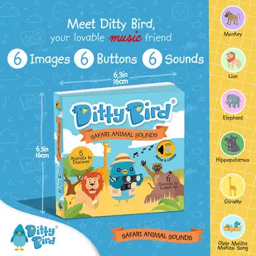 Ditty Bird Safari Animal Sounds USB-C rechargeable toy; box shows six buttons and colorful wildlife icons.