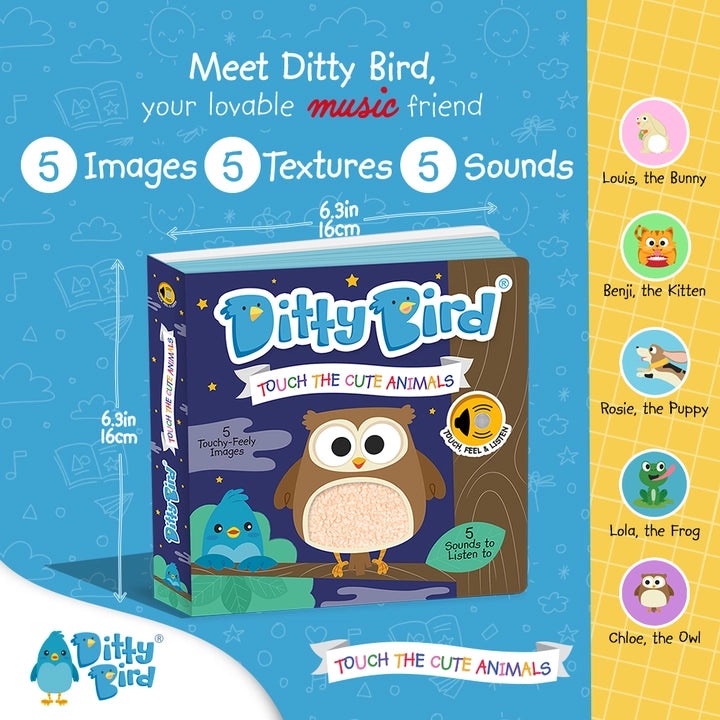 Ditty Bird Sound Book—Touch The Cute Animals in blue packaging, showcasing 5 textures and 5 sounds with animal icons.