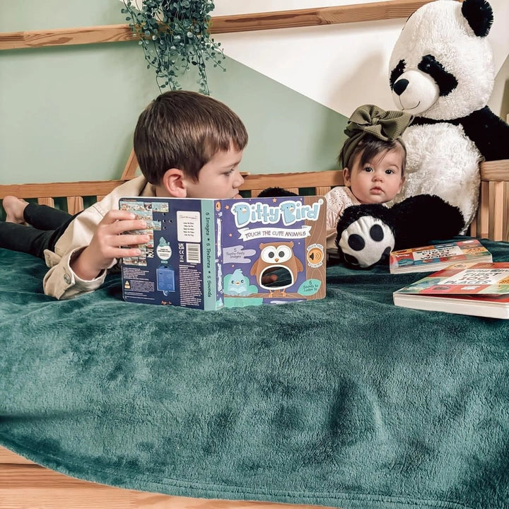 Ditty Bird Sound Book Touch The Cute Animals USB-C Rechargeable opened as a boy reads it to a baby on a bed.