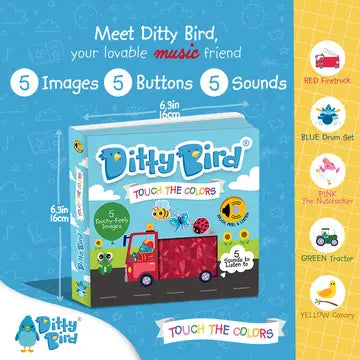 Ditty Bird Touch the Colors USB-C Rechargeable toy in blue packaging, showing 5 buttons and sounds with a bright truck scene.