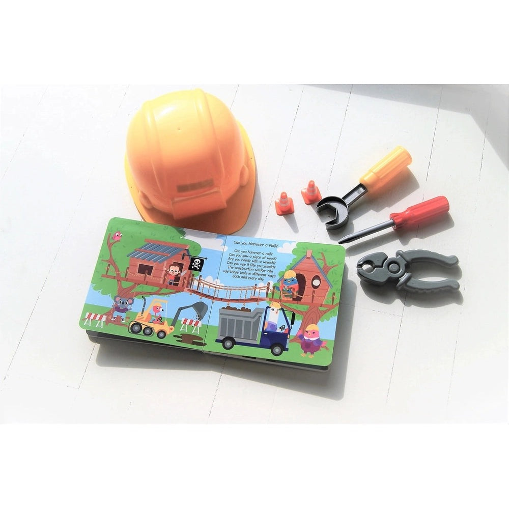 Ditty Bird Sound Book for Careers with orange hard hat and toy tools on a colorful construction scene.
