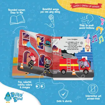 Ditty Bird Sound Book When I Grow Up Career Songs USB-C Rechargeable in a bright scene; a child presses a sound button.