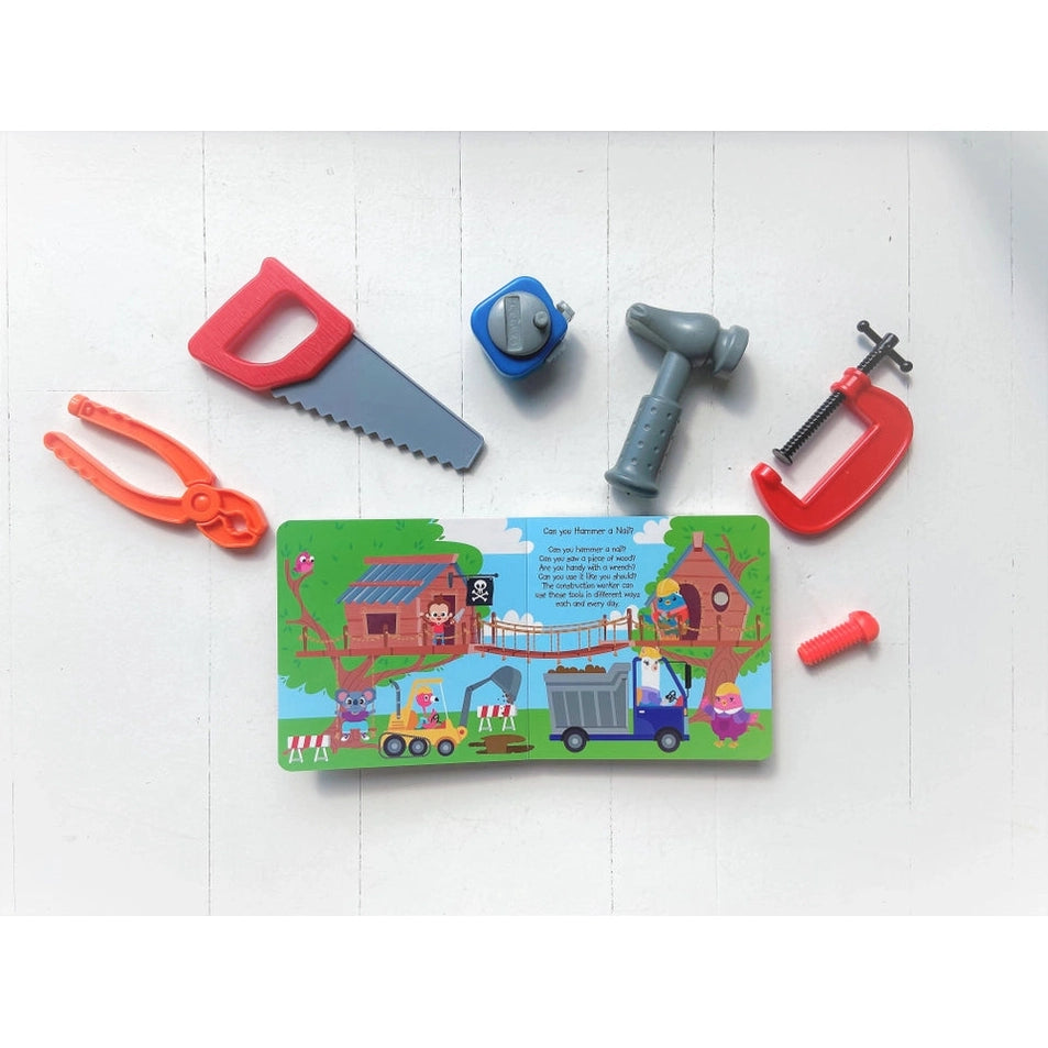 Ditty Bird Sound Book When I Grow Up Career Songs USB-C rechargeable; colorful toy tools (saw, hammer, clamp) surround the illustrated page.