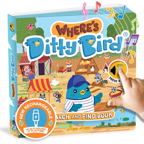 Ditty Bird Sound Book Where's Ditty Bird USB-C Rechargeable; a child presses the button to hear sounds.
