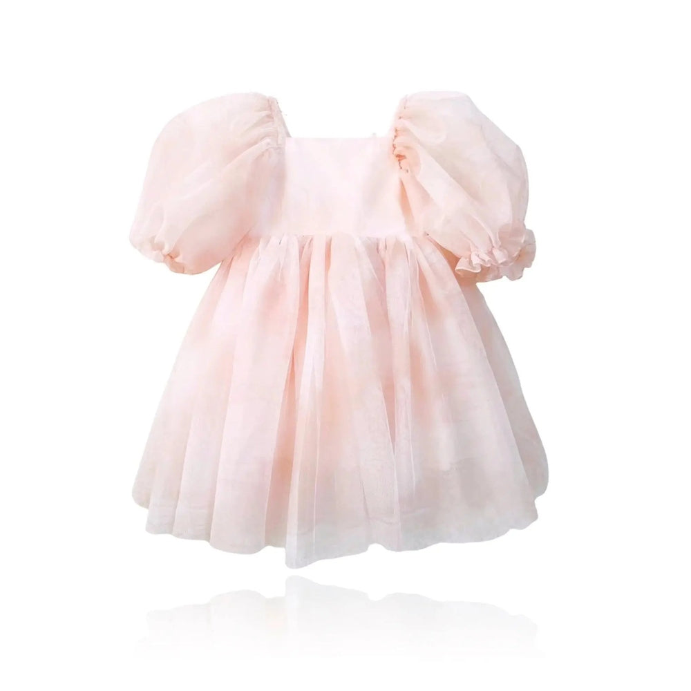 Dolly by Le Petit Dreamy Babydoll Puff Dress Pink Clouds on a pale pink baby dress with voluminous puff sleeves.