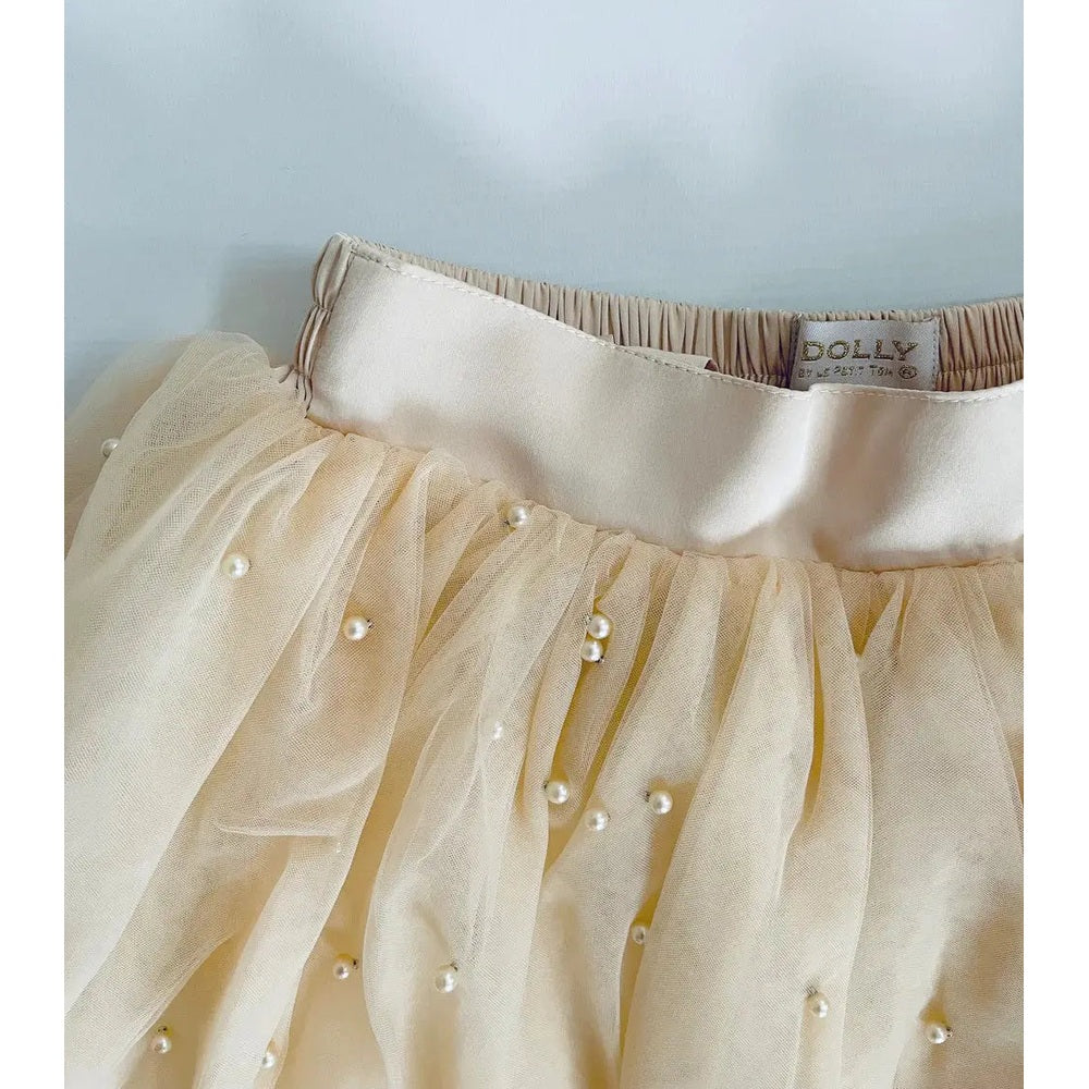 Dolly by Le Petit Pearl 2-Cute Tulle Dress cream; ivory tulle with pearl beads gathered for an airy, delicate look