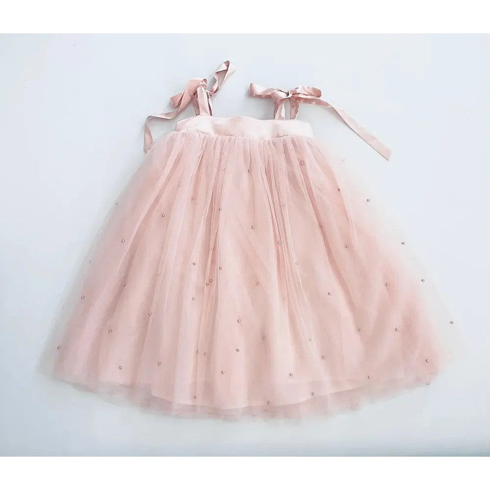 Dolly by Le Petit Pearl 2-Cute pink tulle dress with satin ribbon shoulder straps tied in bows.