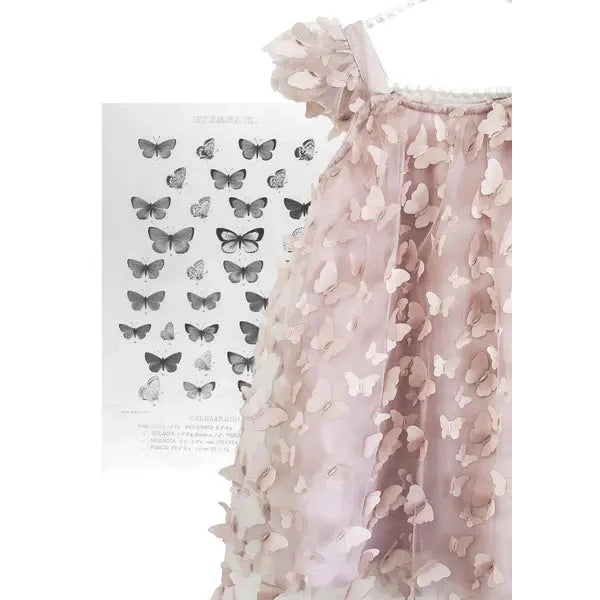 Dolly by Le Petit Tom allover butterflies tutu dress mauve pink, toddler twirling in sheer tulle with 3D butterfly appliques.