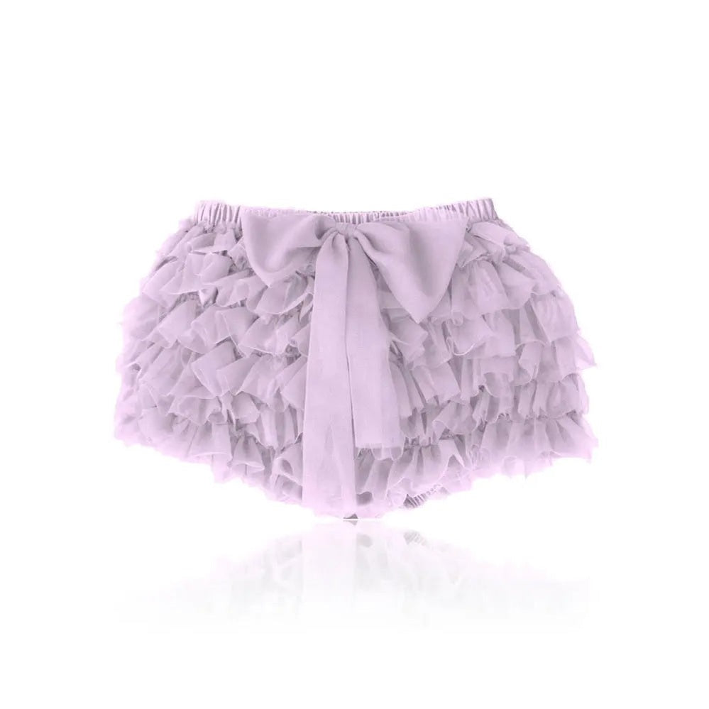 Dolly by Le Petit Tom Frilly Tutu Bloomer in lavender with layered ruffles and a front bow.