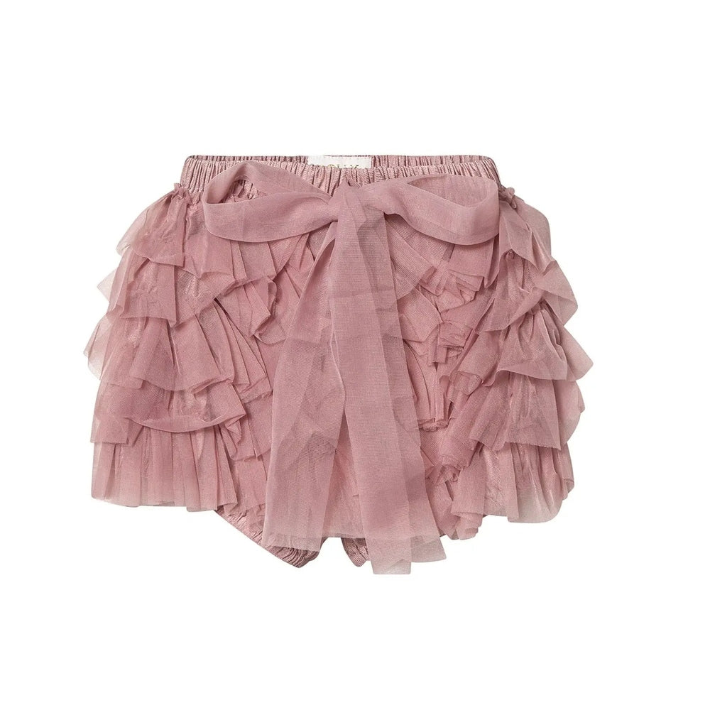 Dolly by Le Petit Tom Frilly Pants Tutu Bloomer mauve with elastic waist and a front bow, showing layered tulle ruffles