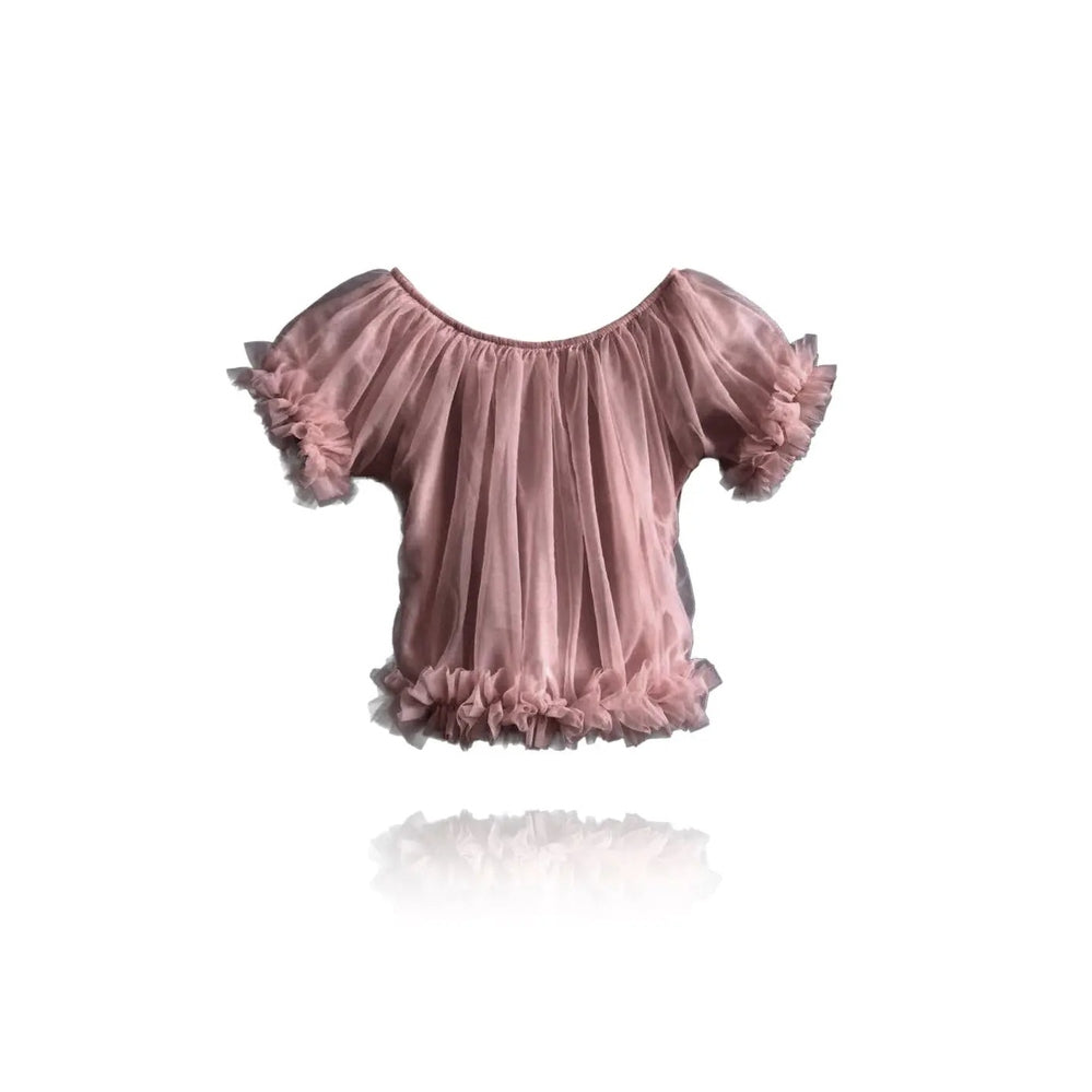 Dolly by Le Petit Tom Mauve frilly princess top in sheer tulle with ruffled sleeves and hem, laid flat.