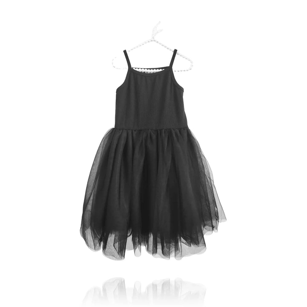 Dolly by Le Petit Tom Rib Cotton Tutu Dress Black on a hanger, features ribbed bodice and fluffy tulle skirt.