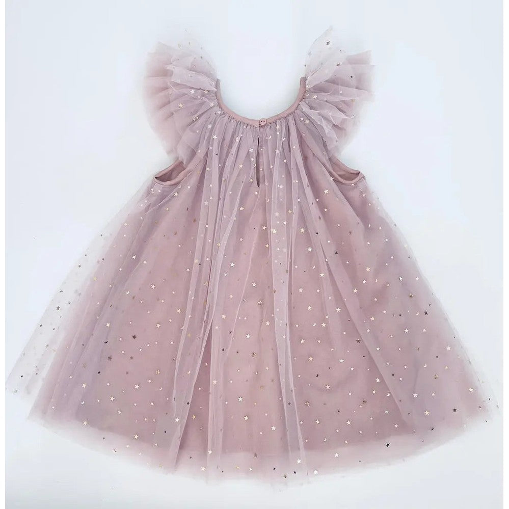 Dolly by Le Petit Tom Stars & Moon Tulle Fairy Dress in dusty violet; flat lay reveals layered tulle with gold star specks