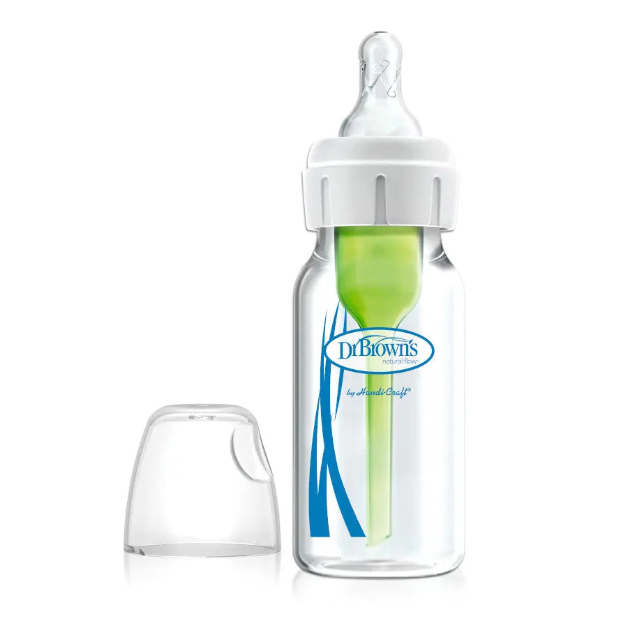 Dr. Brown's 4Oz / 120ml Options Glass Narrow Baby Bottle with white cap and green insert in clear glass