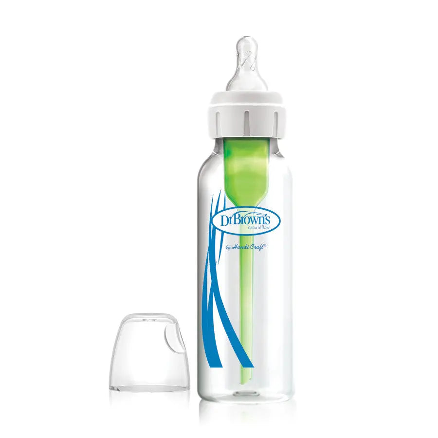 Dr. Brown's 8oz glass narrow baby bottle with green vent insert and blue graphics.
