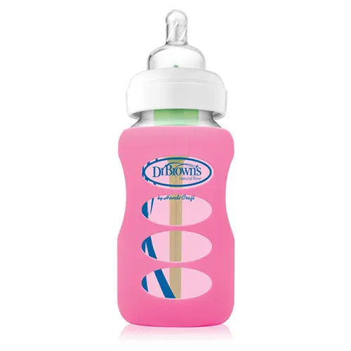 Dr. Brown's Wide Neck 9oz Glass Bottle Sleeve shown fitted around a pink silicone-covered bottle.