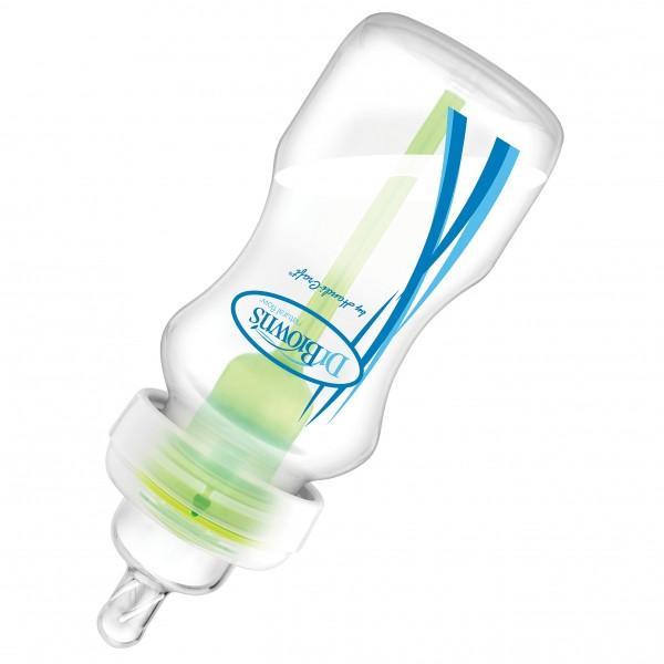 Dr. Brown's 5 oz wide-neck glass baby bottle, clear with blue logo, tilted to show wide neck; 2-pack.