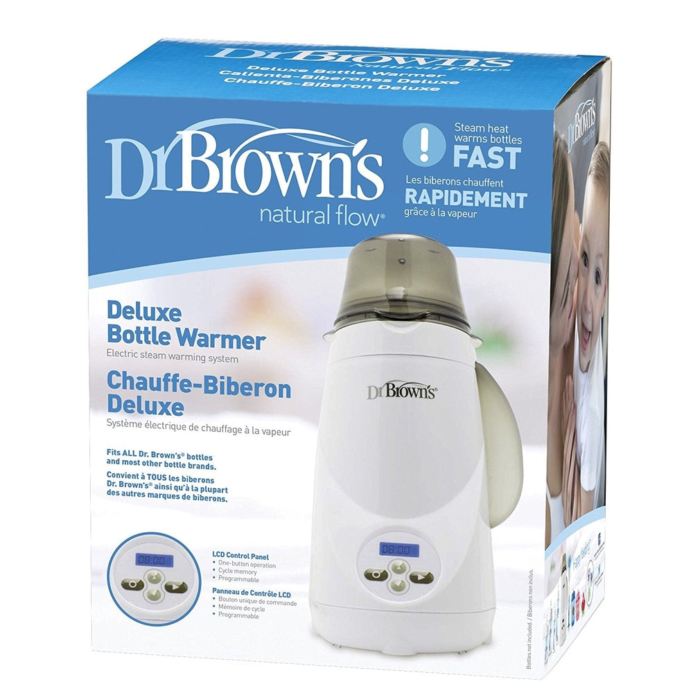 Dr. Brown's Deluxe Bottle Warmer, white electric warmer with LCD display on blue box