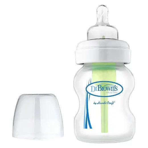 Dr. Brown's Options Wide Neck Glass Baby Bottle; clear glass, white cap removed, nipple ready for feeding.