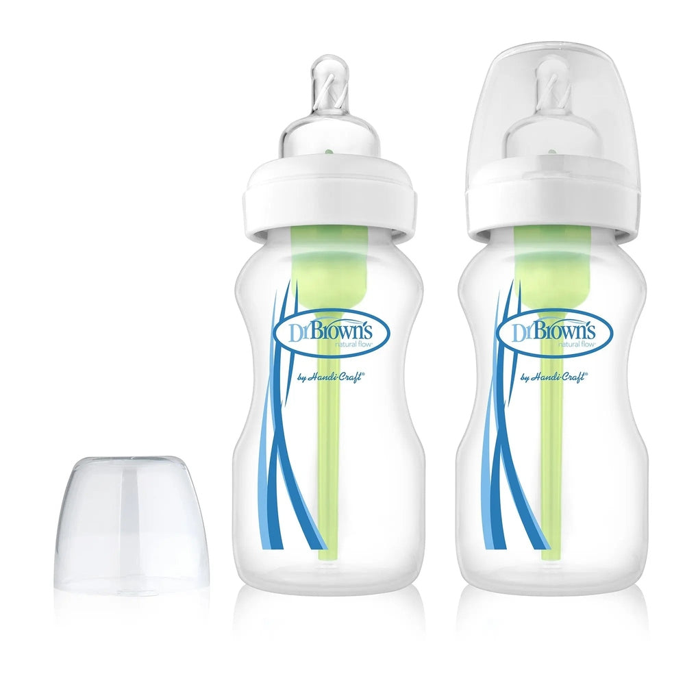 Dr. Brown's Options Wide-Neck Glass Baby Bottles, 2-pack with clear caps, showing wide necks for easy feeding.