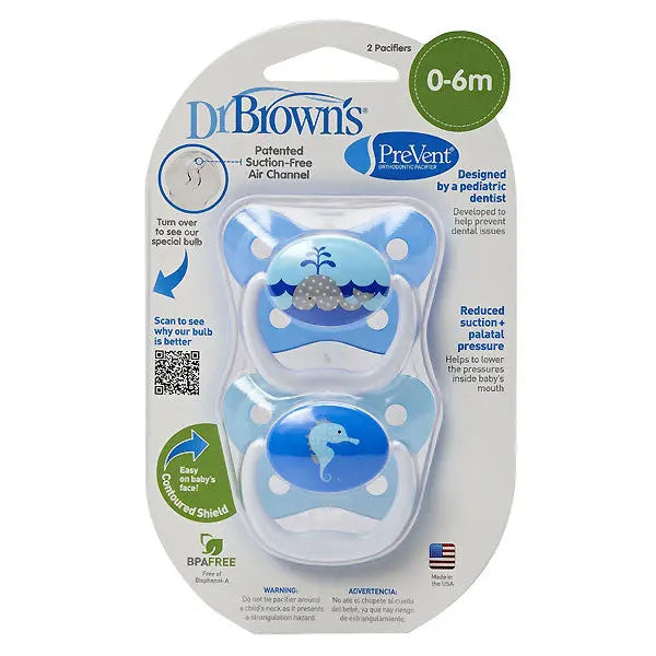 Dr. Brown's Prevent Butterfly Pacifier set for 0–6 months, two BPA-free pacifiers with blue butterfly motifs in packaging.