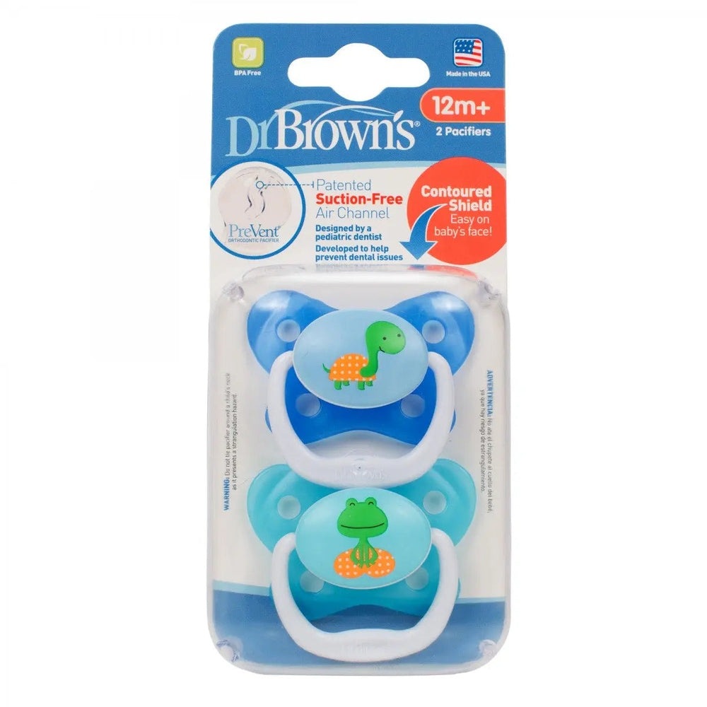 Dr. Brown's Prevent Butterfly Pacifier 2-pack, blue with turtle artwork and contoured shield for easy on-baby use.