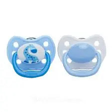 Dr. Brown's PV Printed Shield Pacifier, 2-pack in blue tones, shown side by side.