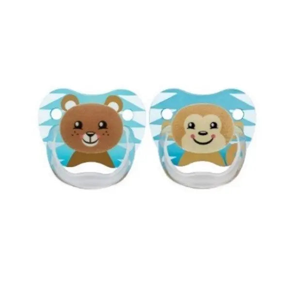 Dr. Brown's PV Printed Shield Pacifier 2-pack with bear and monkey designs shown side by side.