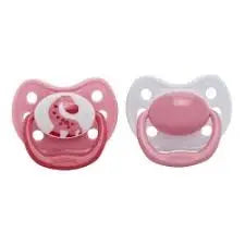 Dr. Brown's Pv Printed Shield Pacifier set of 2 pink pacifiers shown side by side, with printed designs on the shields.