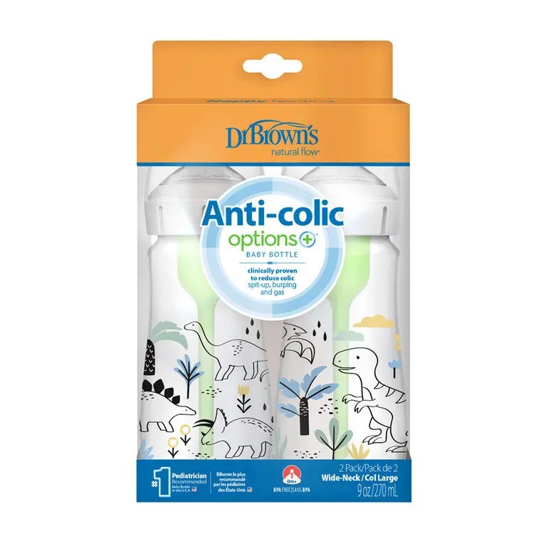 Dr. Brown's Anti-Colic Options Wide-Neck Baby Bottles 2-pack, 9 oz, dinosaur print, in retail packaging