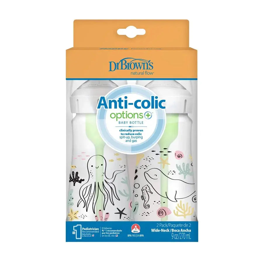 Dr. Brown's Anti-colic Options Wide-Neck Baby Bottles 2-pack, 9 oz/270 ml, with ocean-themed print.