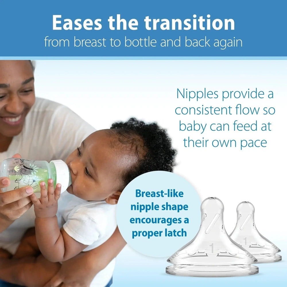 Dr. Brown's Wide-Neck Anti-Colic Options Bottle 5 oz/150 ml - mom feeds baby with the bottle, two clear nipples shown.