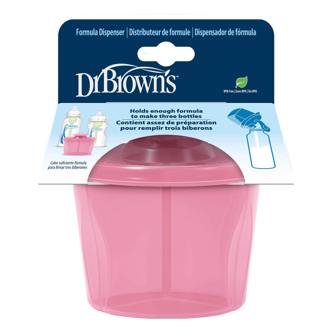 Dr. Brown's pink formula dispenser cup in its original retail packaging, featuring a dark blue header card