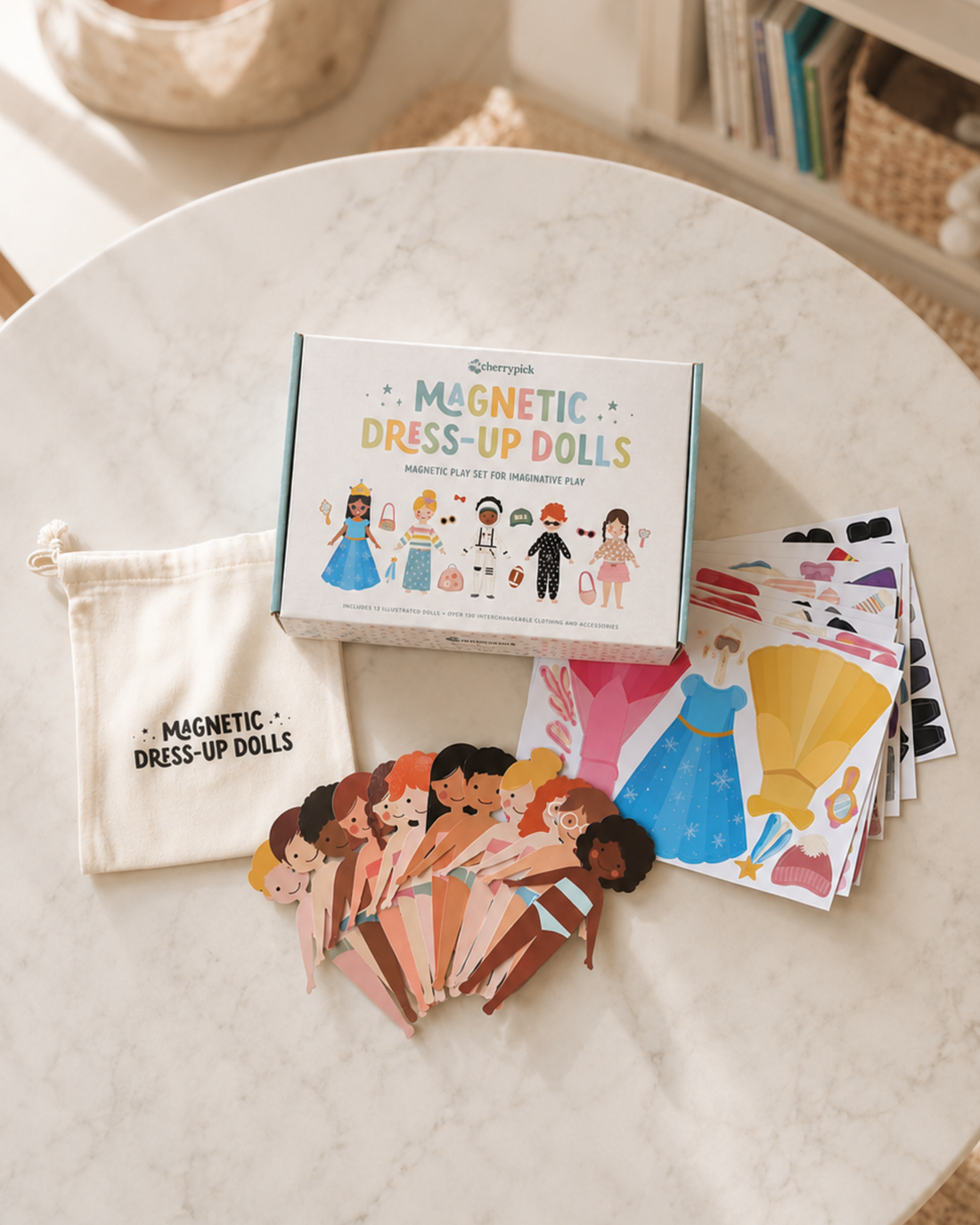 Cherrypick Magnetic Dress-Up Dolls Play Set pieces on play table