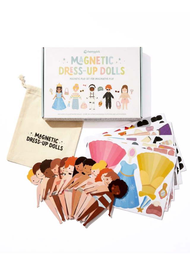 Cherrypick Magnetic Dress-Up Dolls Play Set kit contents on white background