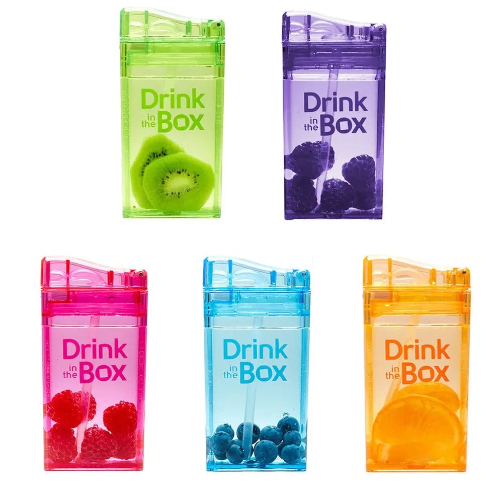 Drink in the Box water bottles set of six in assorted translucent colors with fruit visuals.