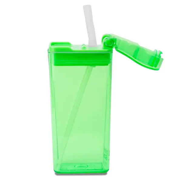 Drink In The Box water bottle, bright green translucent with straw and flip-top lid open.
