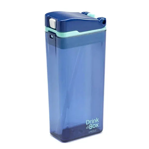 Drink In The Box water bottle in blue with a mint-green lid, shown with the secure lid snapped shut.